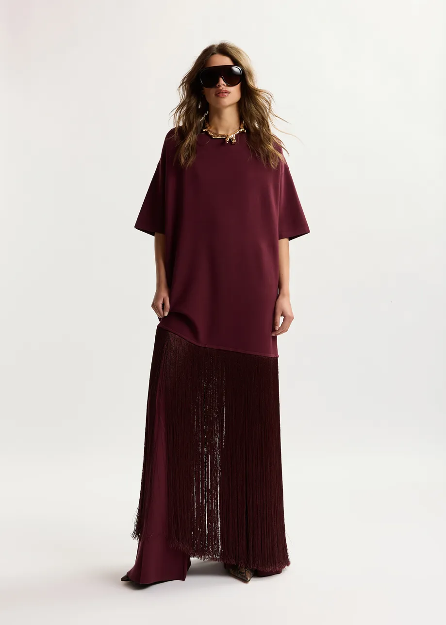 Burgunderrotes Minikleid mit Fransensaum
