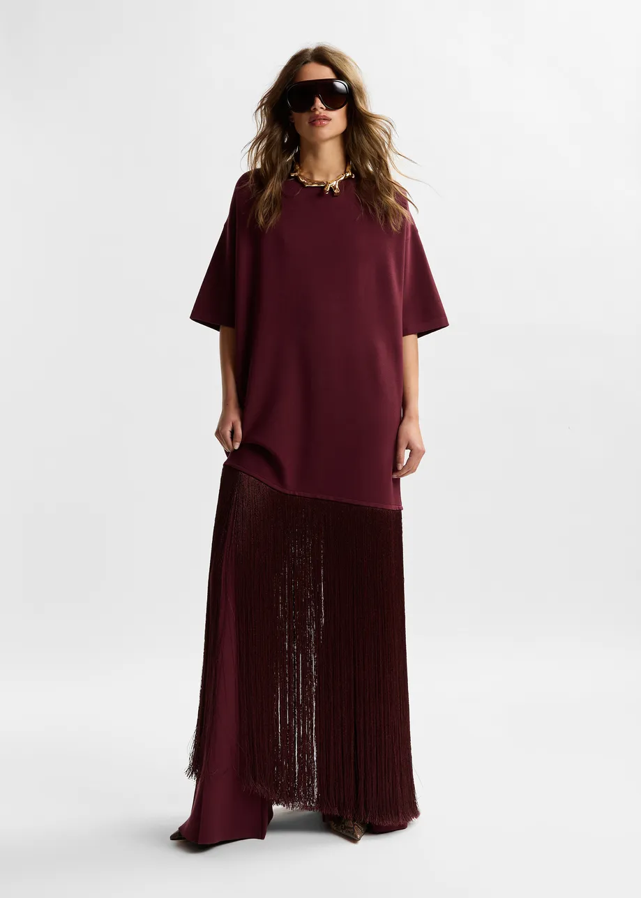 Burgundy mini dress with fringed hemline