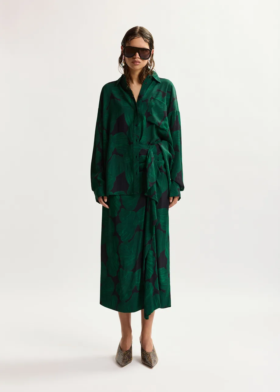 Gonna midi drappeggiata, verde scuro e nera, con stampa tropicale
