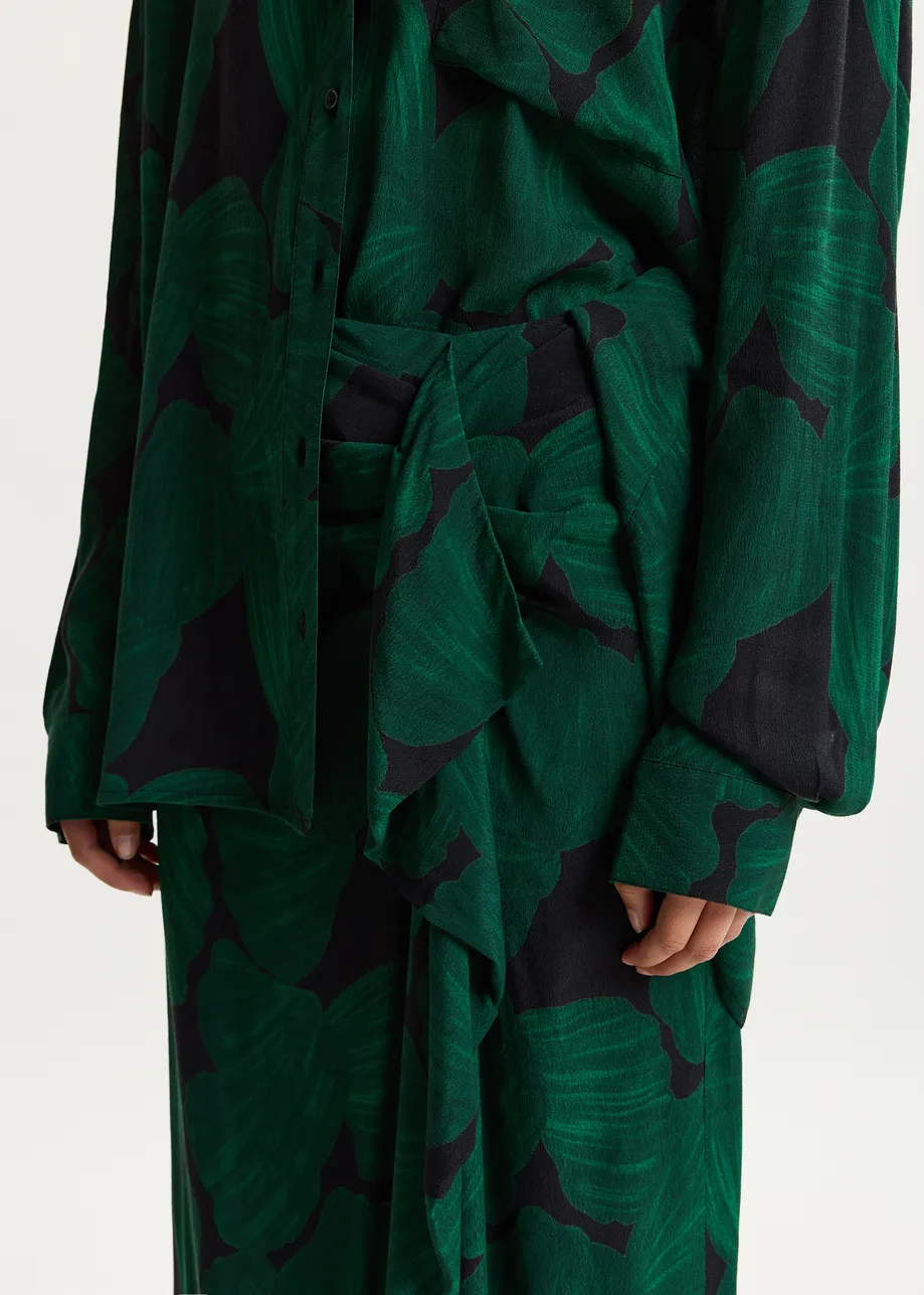 Gonna midi drappeggiata, verde scuro e nera, con stampa tropicale