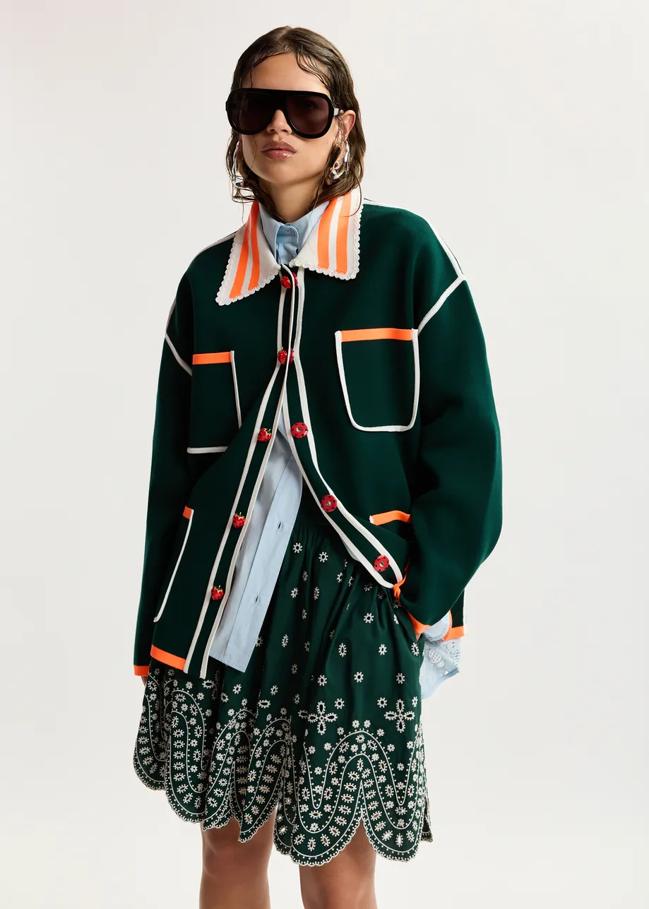Dark green, white and orange fine knit cardigan with lace-trimmed collar and strawberry-shaped buttons