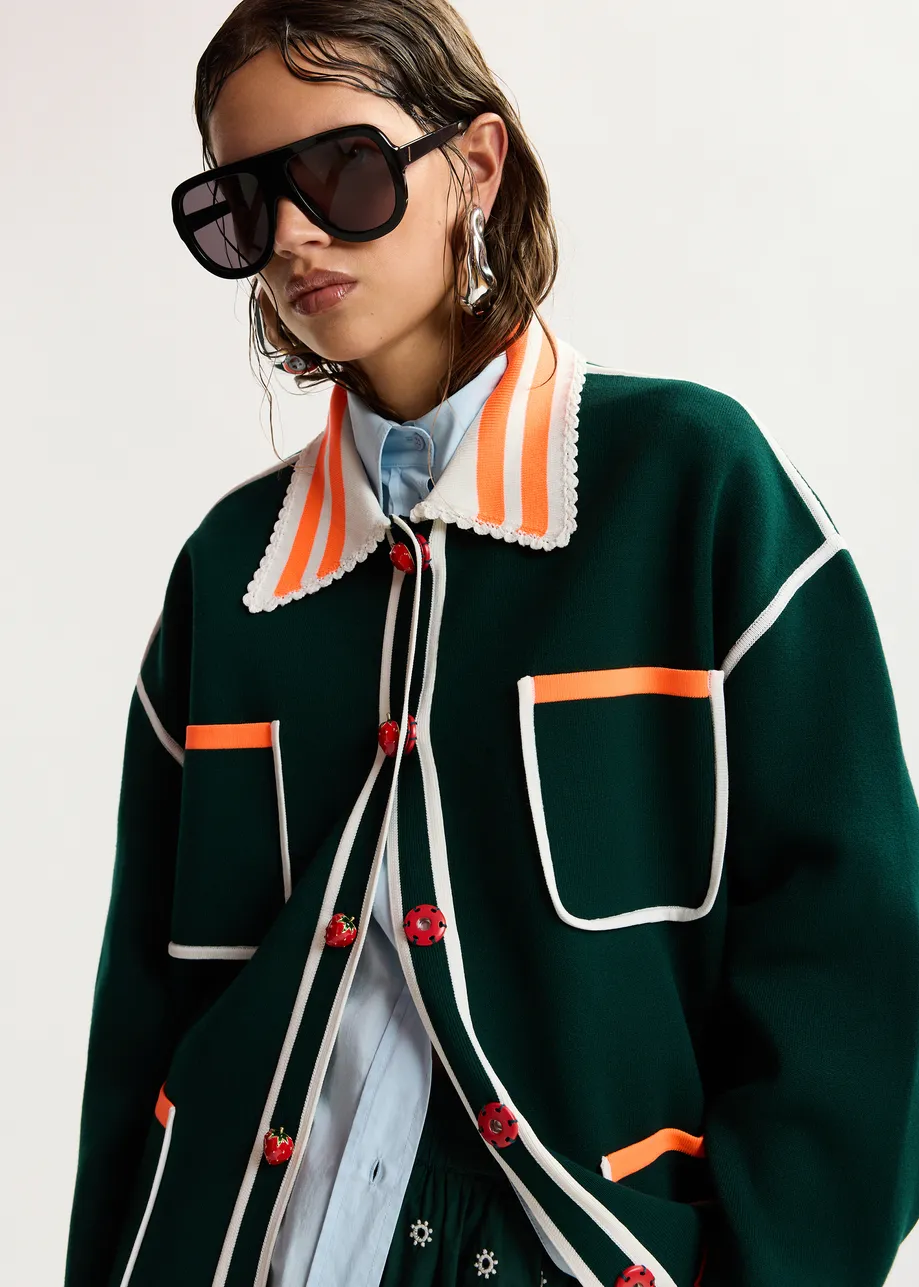 Dark green, white and orange fine knit cardigan with lace-trimmed collar and strawberry-shaped buttons