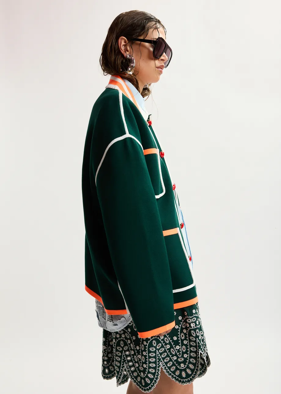 Dark green, white and orange fine knit cardigan with lace-trimmed collar and strawberry-shaped buttons