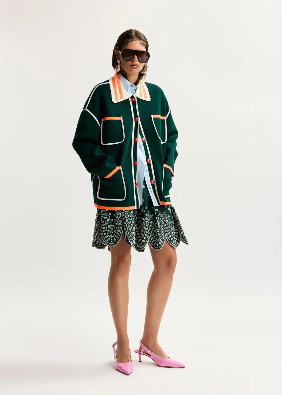 Dark green, white and orange fine knit cardigan with lace-trimmed collar and strawberry-shaped buttons