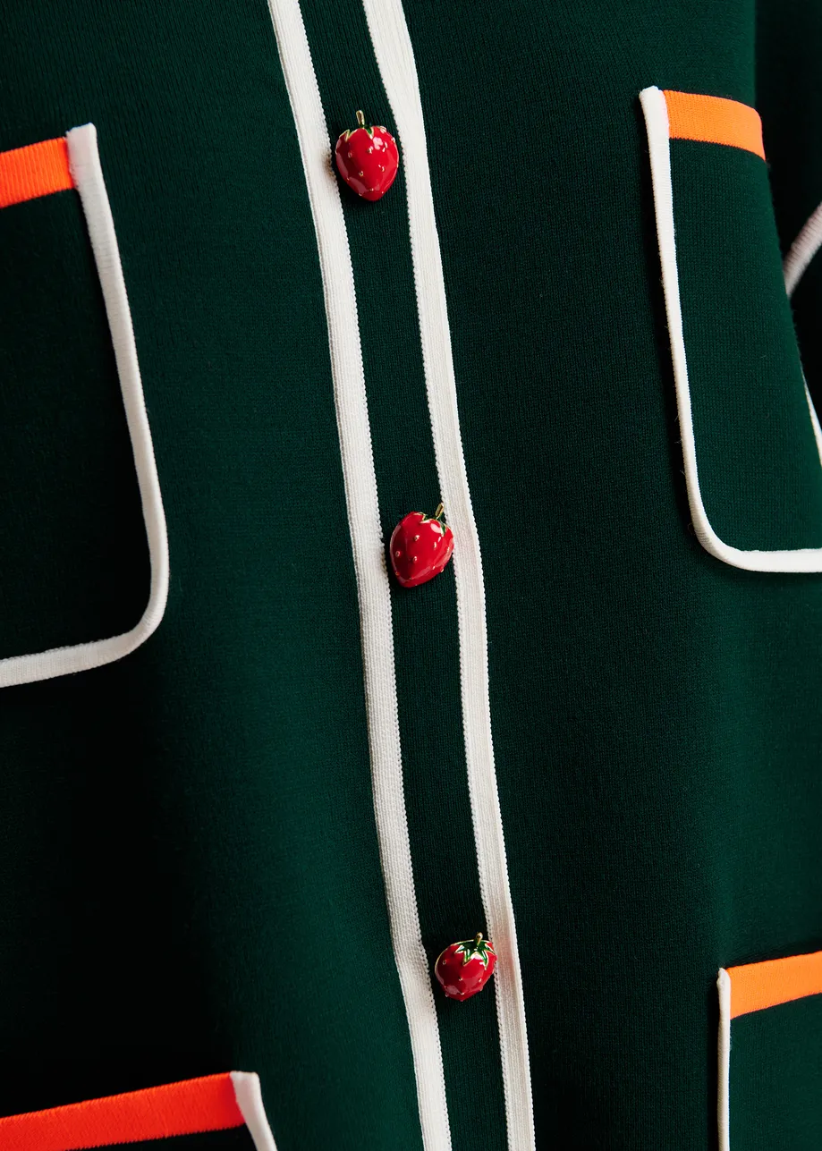 Dark green, white and orange fine knit cardigan with lace-trimmed collar and strawberry-shaped buttons