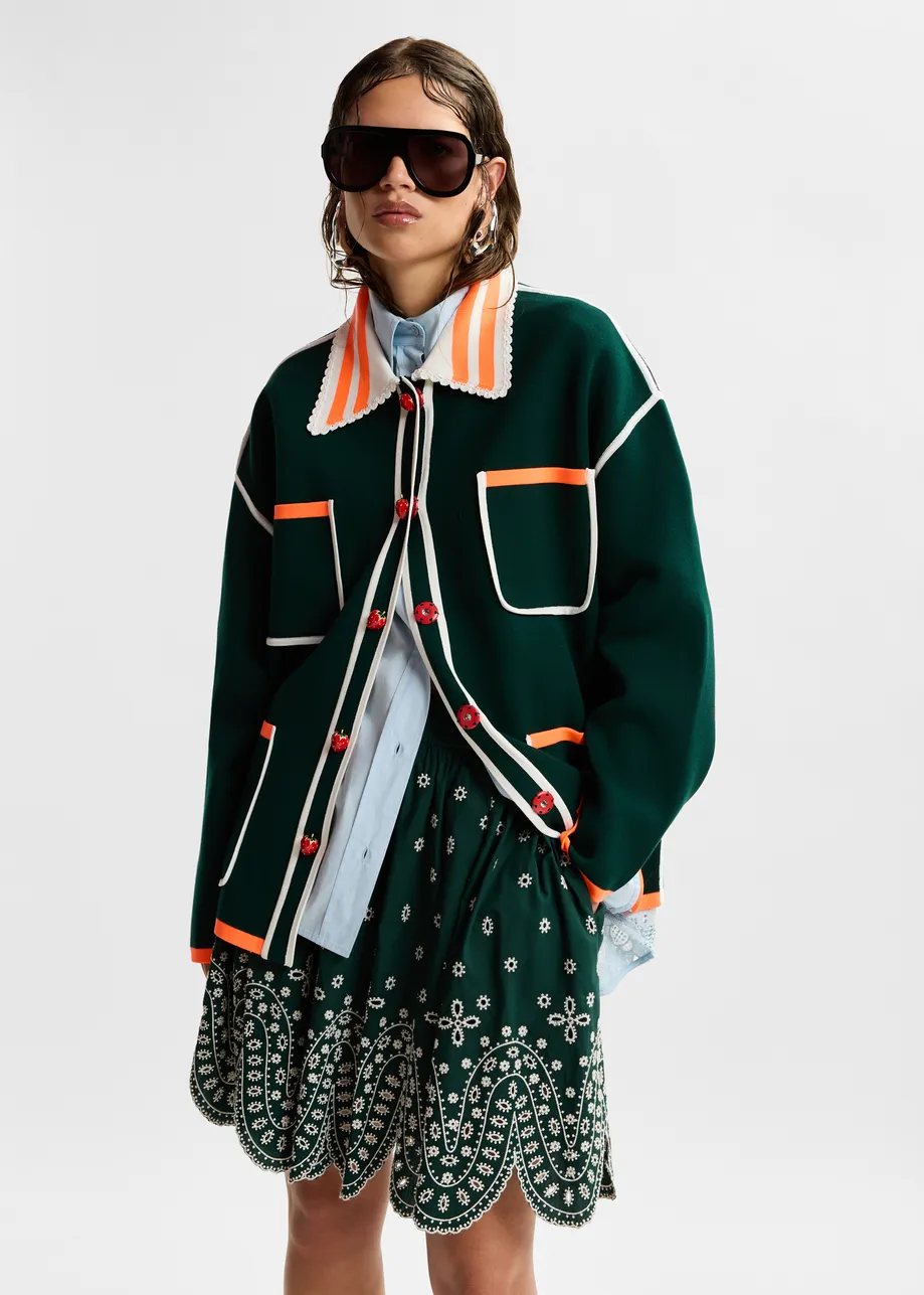 Dark green, white and orange fine knit cardigan with lace-trimmed collar and strawberry-shaped buttons