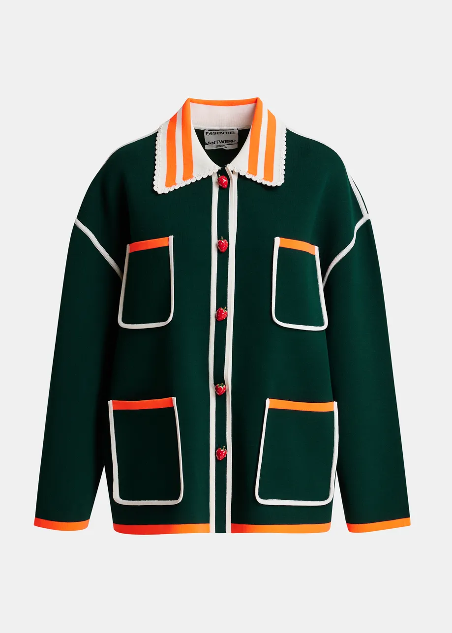 Dark green, white and orange fine knit cardigan with lace-trimmed collar and strawberry-shaped buttons