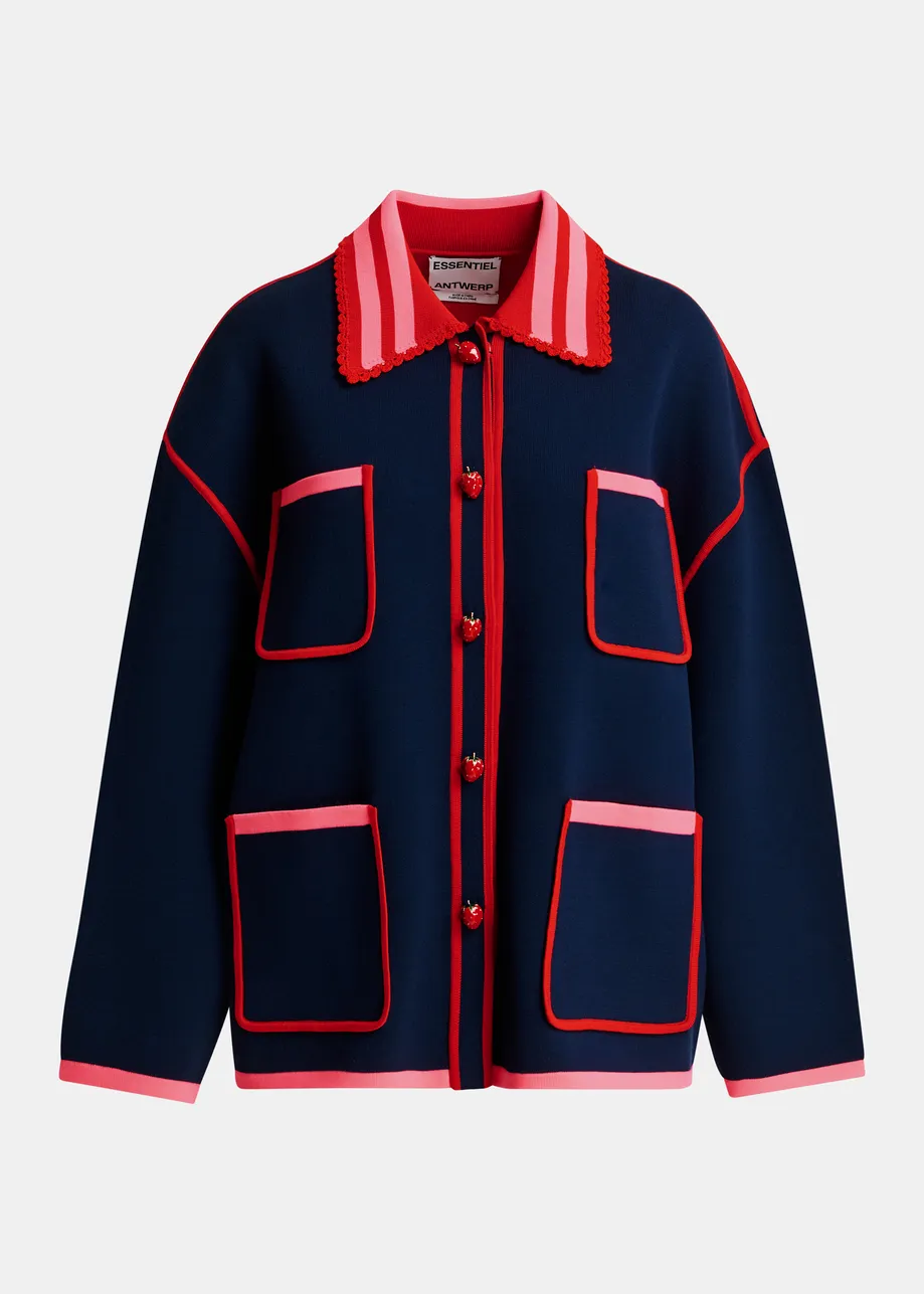 Navy, red and pink fine knit cardigan with lace-trimmed collar and strawberry-shaped buttons