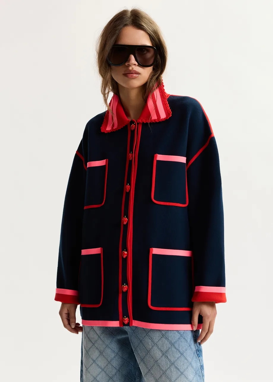 Navy, red and pink fine knit cardigan with lace-trimmed collar and strawberry-shaped buttons
