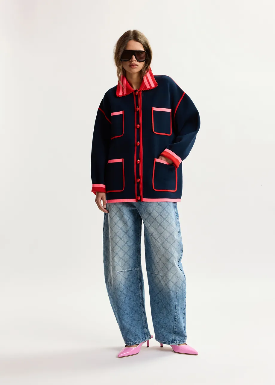 Navy, red and pink fine knit cardigan with lace-trimmed collar and strawberry-shaped buttons