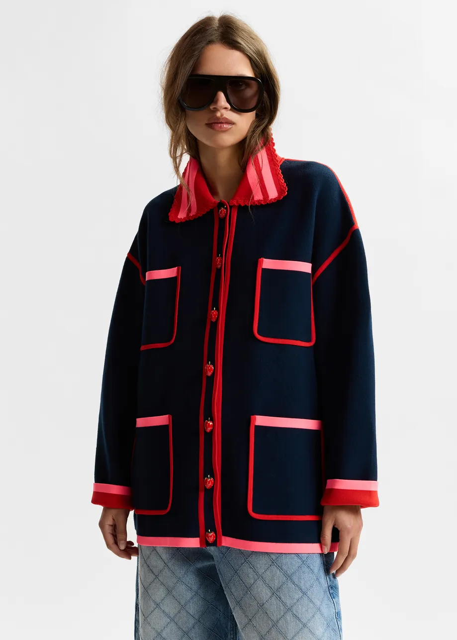 Navy, red and pink fine knit cardigan with lace-trimmed collar and strawberry-shaped buttons