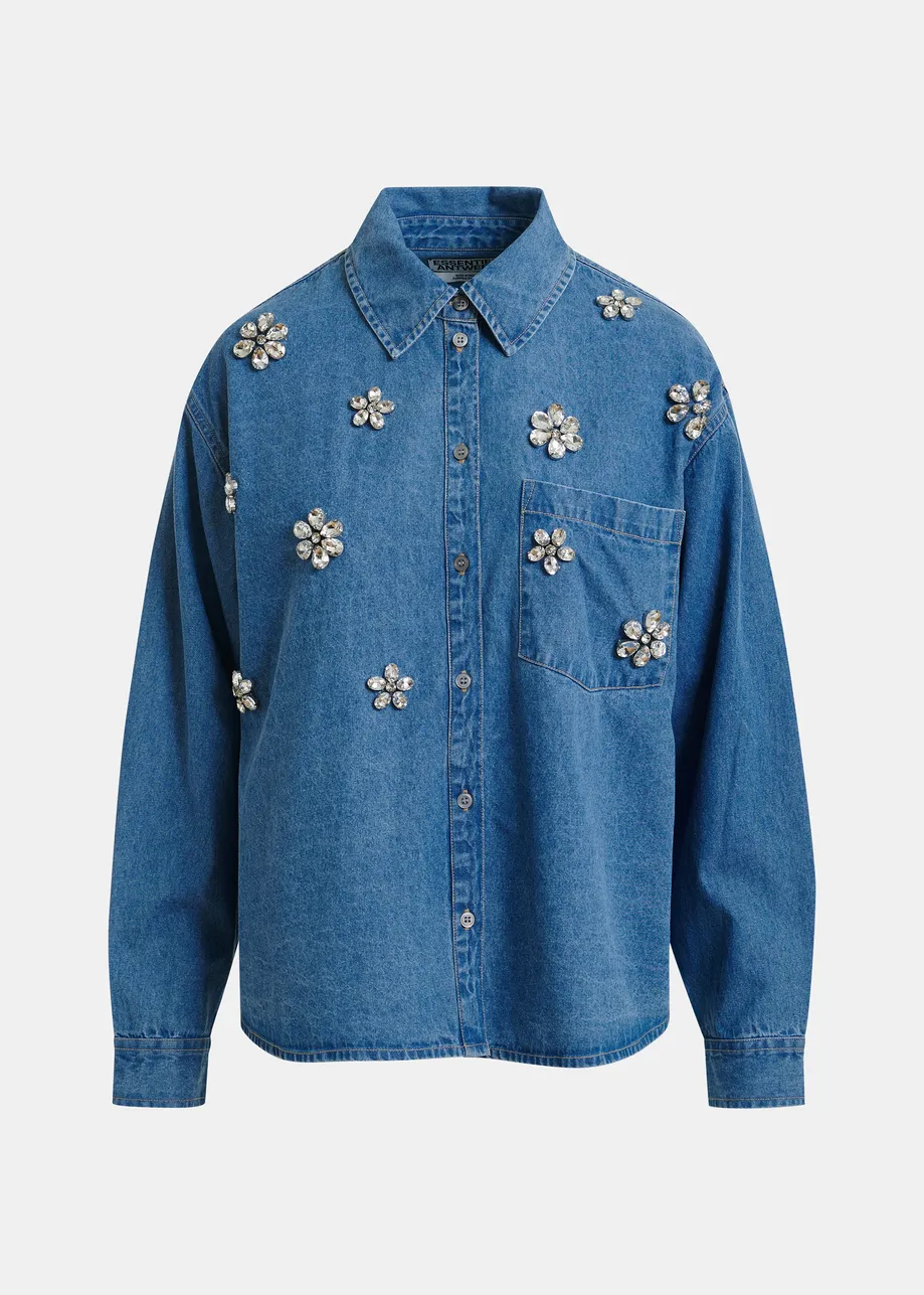 Blue denim shirt with floral rhinestone embellishments